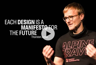 Teaser image sjoing Thorsten jonas speaking and the title of the talk: "Each Design is a manifesto for the future"